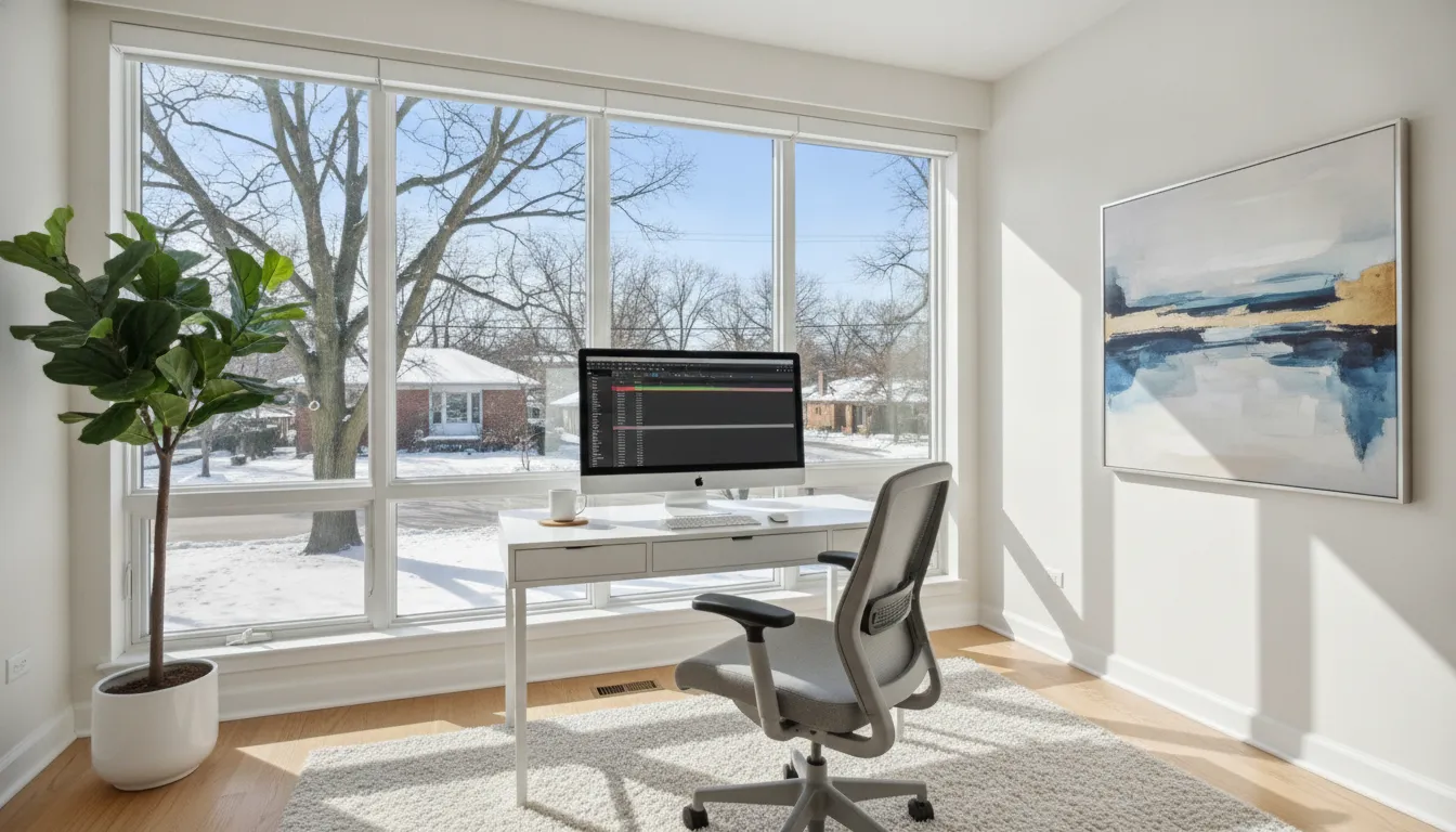 Bright home office with natural light through windows, computer screen visible without glare, professional window film installed