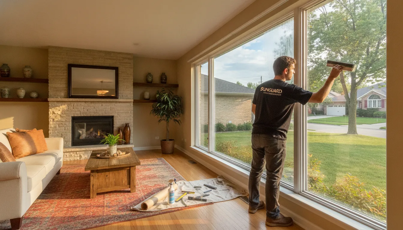 Professional installer applying window film to a living room window in a Chicagoland home with natural light streaming through