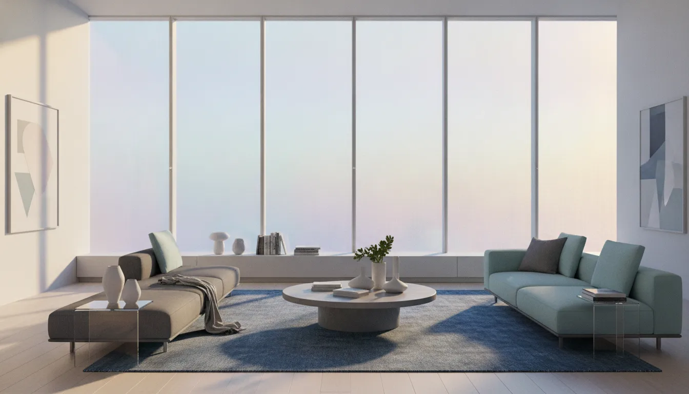 Modern living room with west-facing windows featuring professional window film installation, soft natural light interior