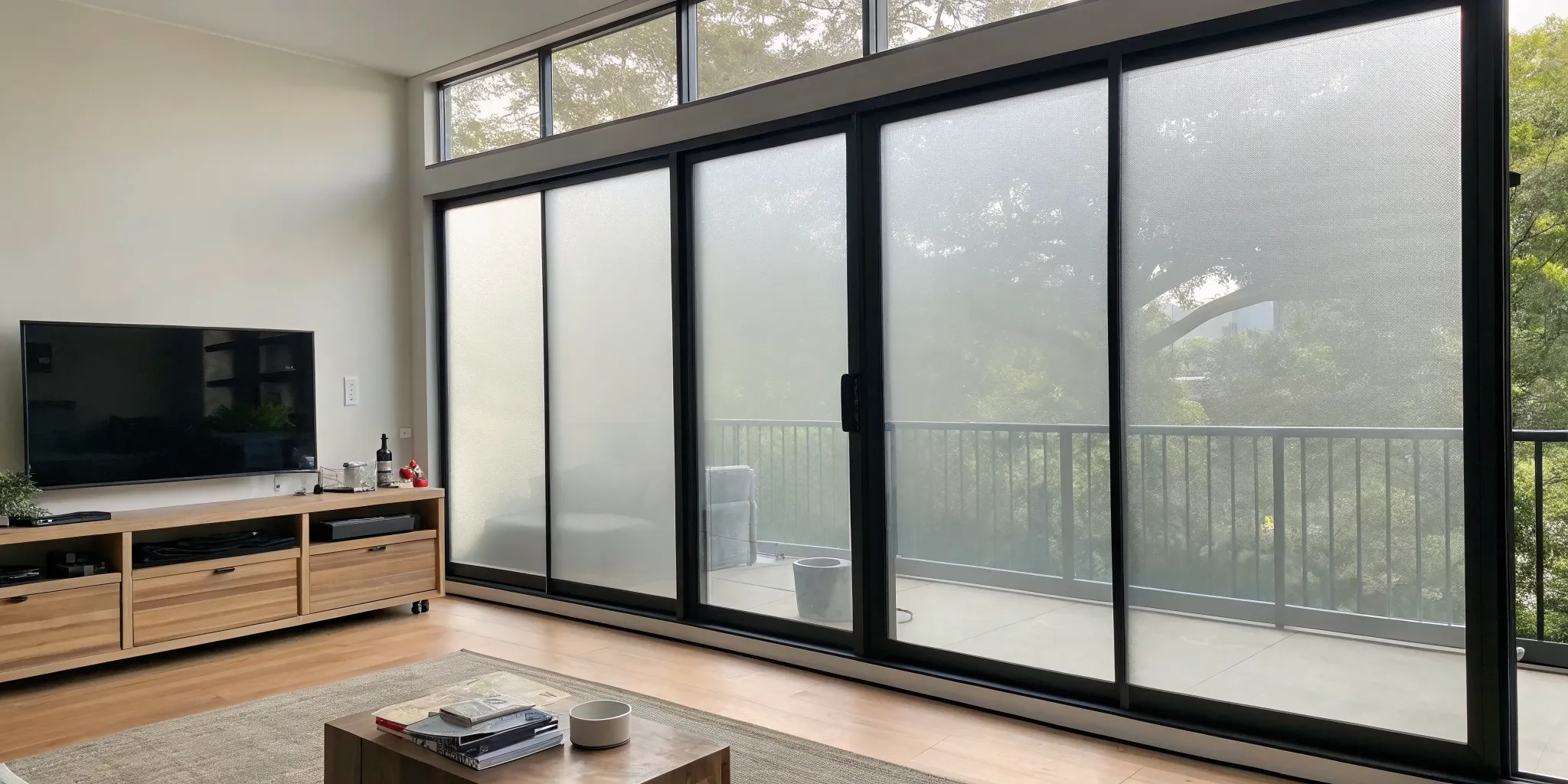 Privacy window film for homes applied to large sliding glass doors in a living room.