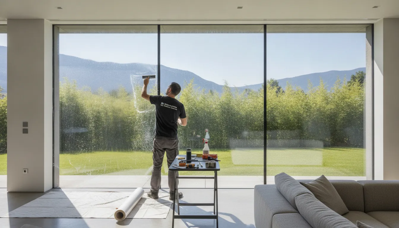 Professional window film installer applying precision-cut film to a large residential window