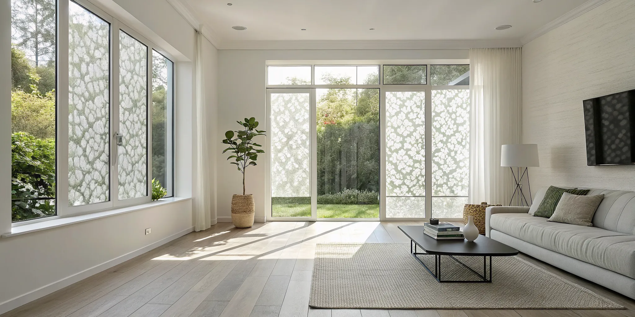 Decorative window film in a modern living room provides privacy and style without blocking natural light.