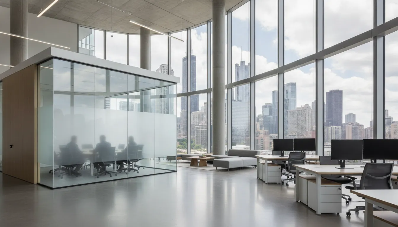 Modern Chicago office with commercial window film on sun-facing glass