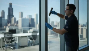 Professional installer applying window film to commercial glass in a Chicago office