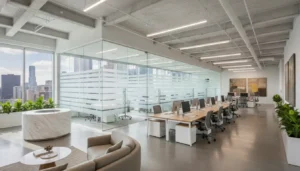 Frosted privacy film on glass conference room walls in a modern Chicago office