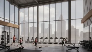 Commercial window film in a bright Chicago fitness center