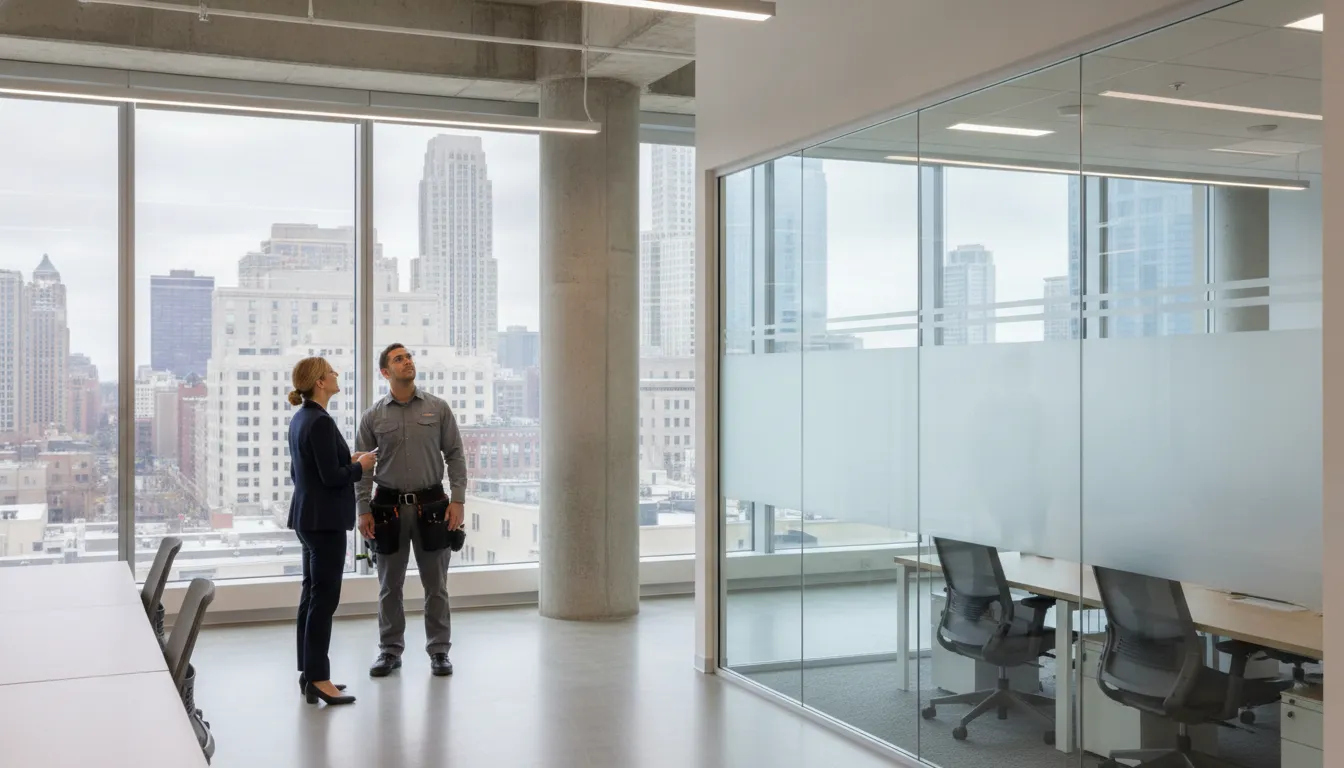 Professional window film installation in a Chicago government office