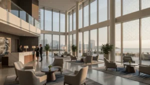 Upscale Chicago hotel lobby with professionally installed window film