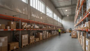 Daylit Chicago warehouse with large windows and a worker inspecting stored goods