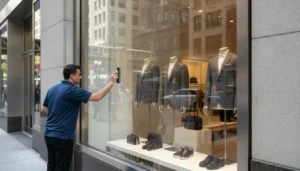 Installer applying clear anti-graffiti window film to a retail storefront glass pane