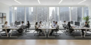 Bright Chicago office with large windows and comfortable work areas after professional window film installation