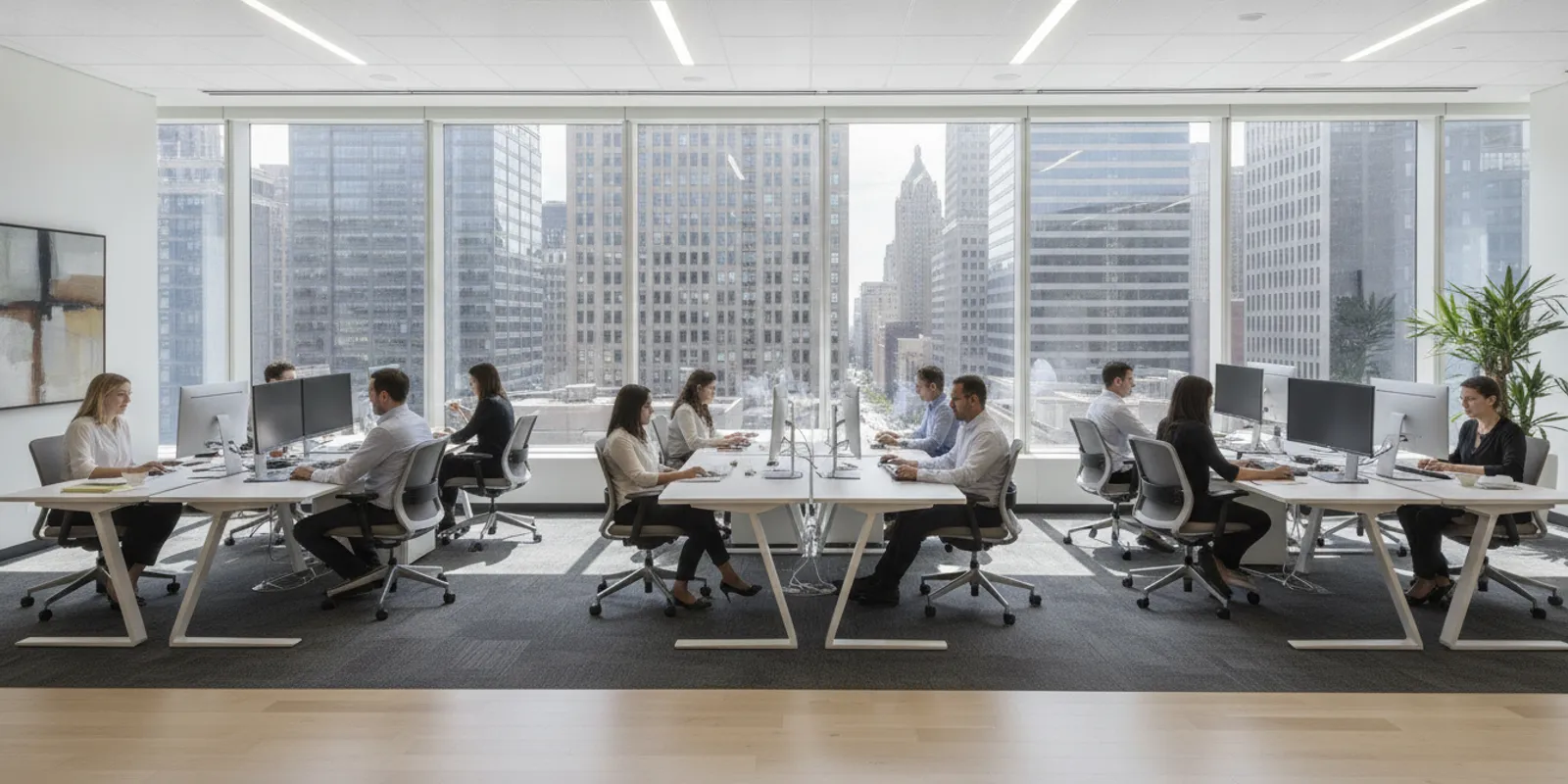 Bright Chicago office with large windows and comfortable work areas after professional window film installation