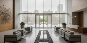 Professionally filmed glass entry doors and sidelights at a bright Chicago-area office