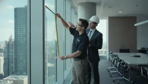 Professional installer evaluating commercial window film in a Chicago office