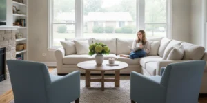 Sunlit Chicagoland living room with professionally filmed windows and comfortable natural light