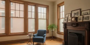 Historic Chicago home with tall original windows and warm daylight in a preserved living room