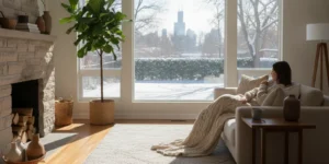 Sunlight entering a comfortable Chicago living room through residential windows in winter