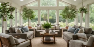 Bright Chicago-area sunroom with large windows and comfortable seating