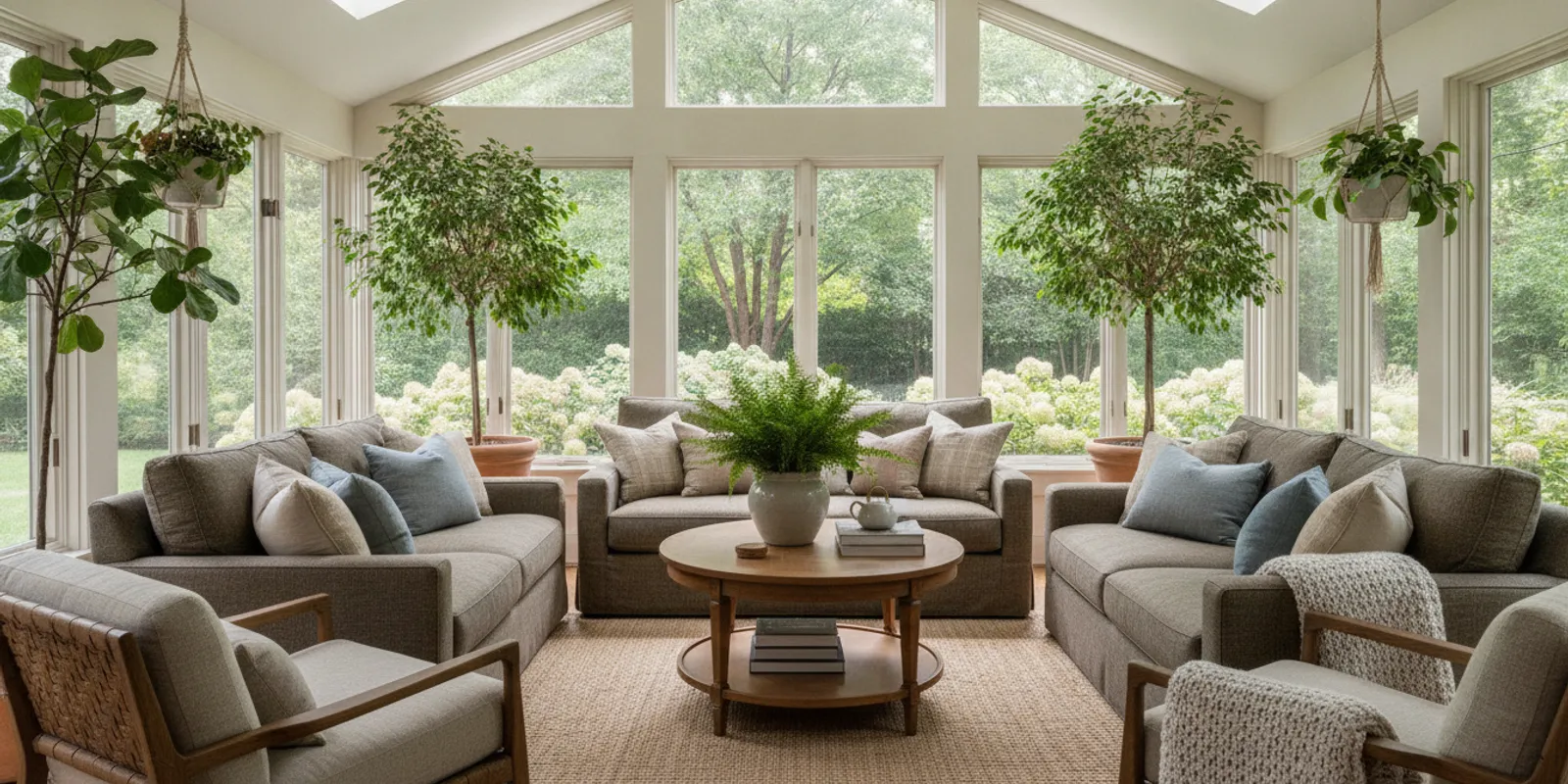 Bright Chicago-area sunroom with large windows and comfortable seating