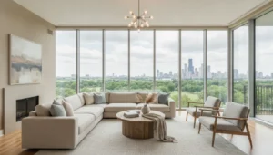 Bright living room with expansive windows and balanced daylight