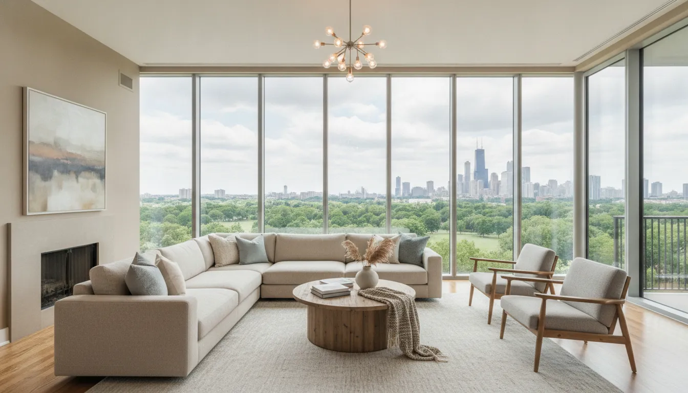 Bright living room with expansive windows and balanced daylight