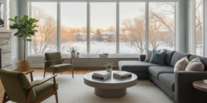 Bright Chicagoland home interior with professionally installed window film on large windows